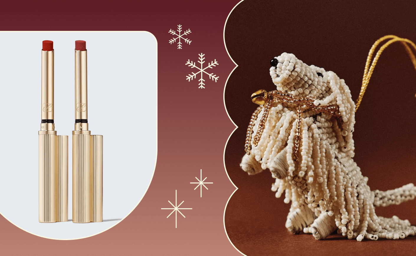 collage of lipstick and dog ornament
