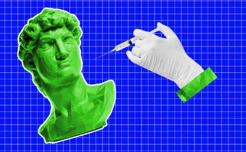 Hand injecting syringe into green statue head on blue checkered background