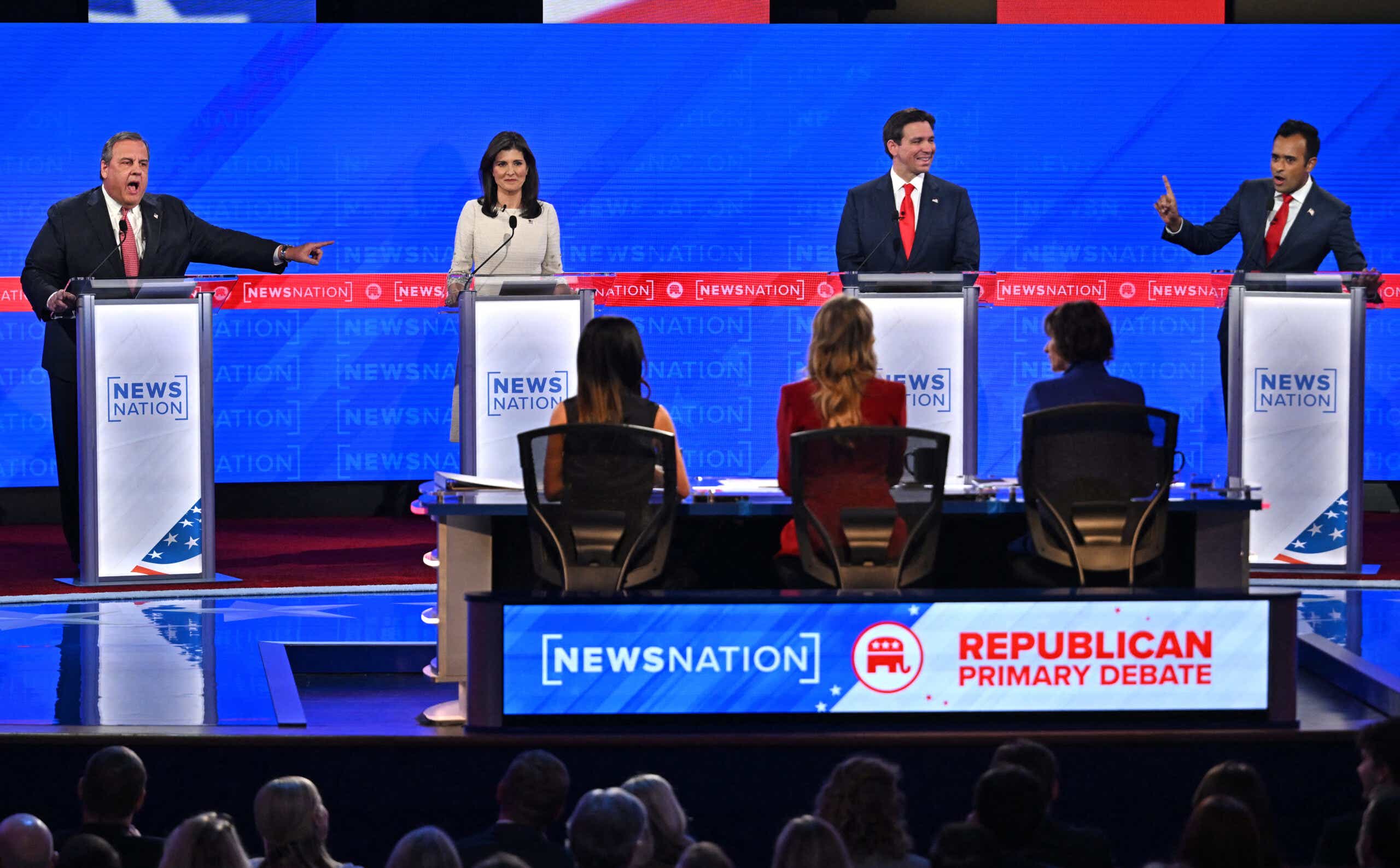 (From L) Former Governor of New Jersey Chris Christie, former Governor from South Carolina and UN ambassador Nikki Haley, Florida Governor Ron DeSantis and entrepreneur Vivek Ramaswamy participate in the fourth Republican presidential primary debate at the University of Alabama