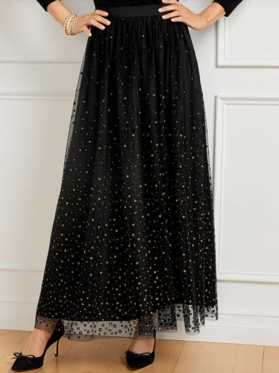 Black and gold polka dot maxi skirt