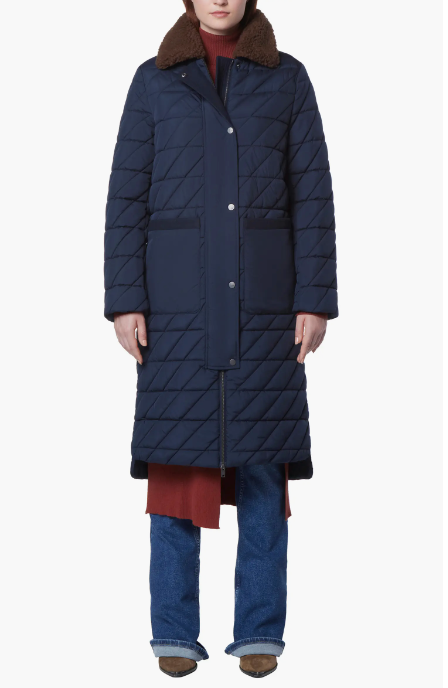 Long blue puffer coat