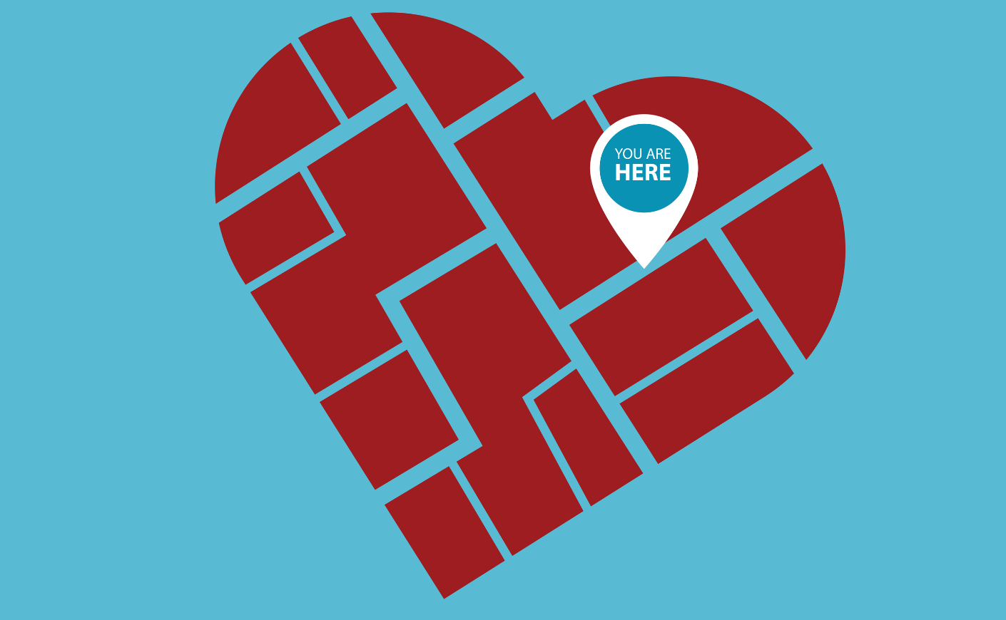 a map of a heart with a "you are here" pin