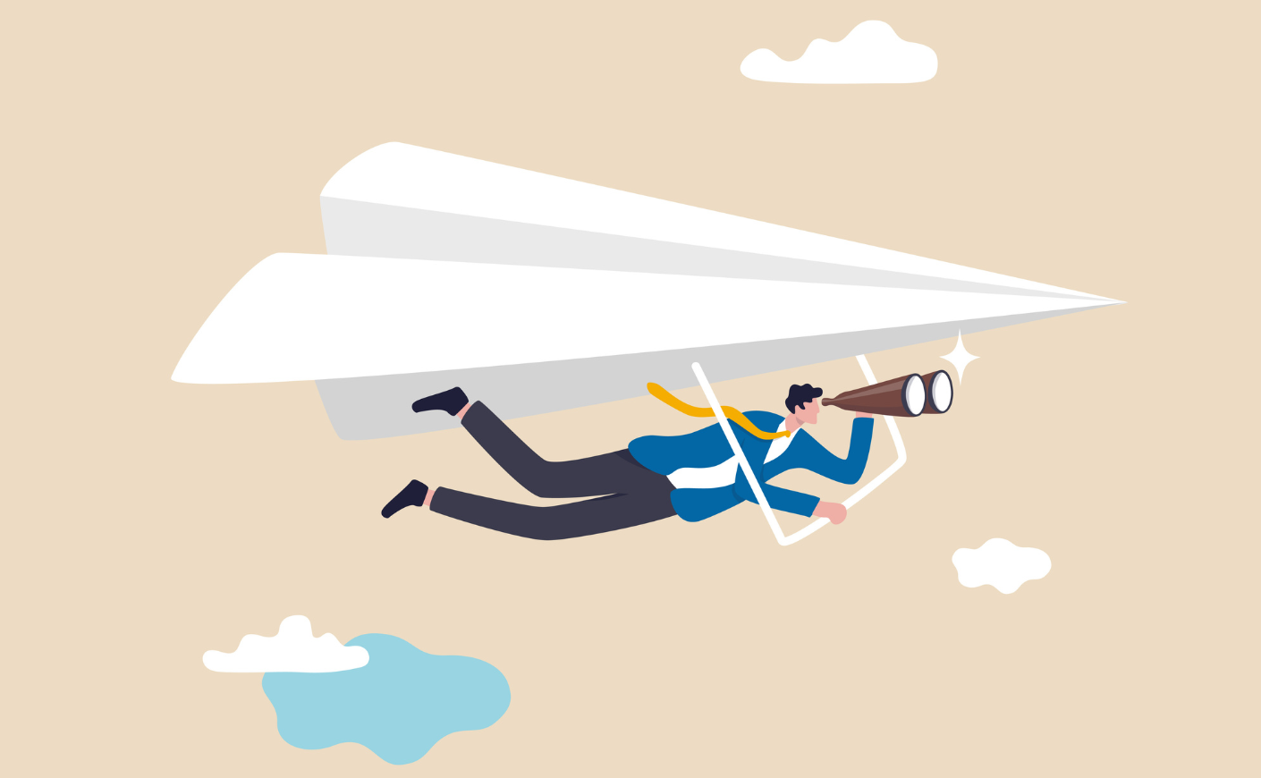 illustration of a man with binoculars flying on a paper airplane