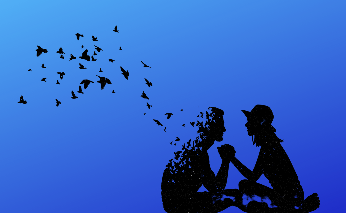 Silhouette of a woman and a man holding hands, with the hand turning into birds flying away