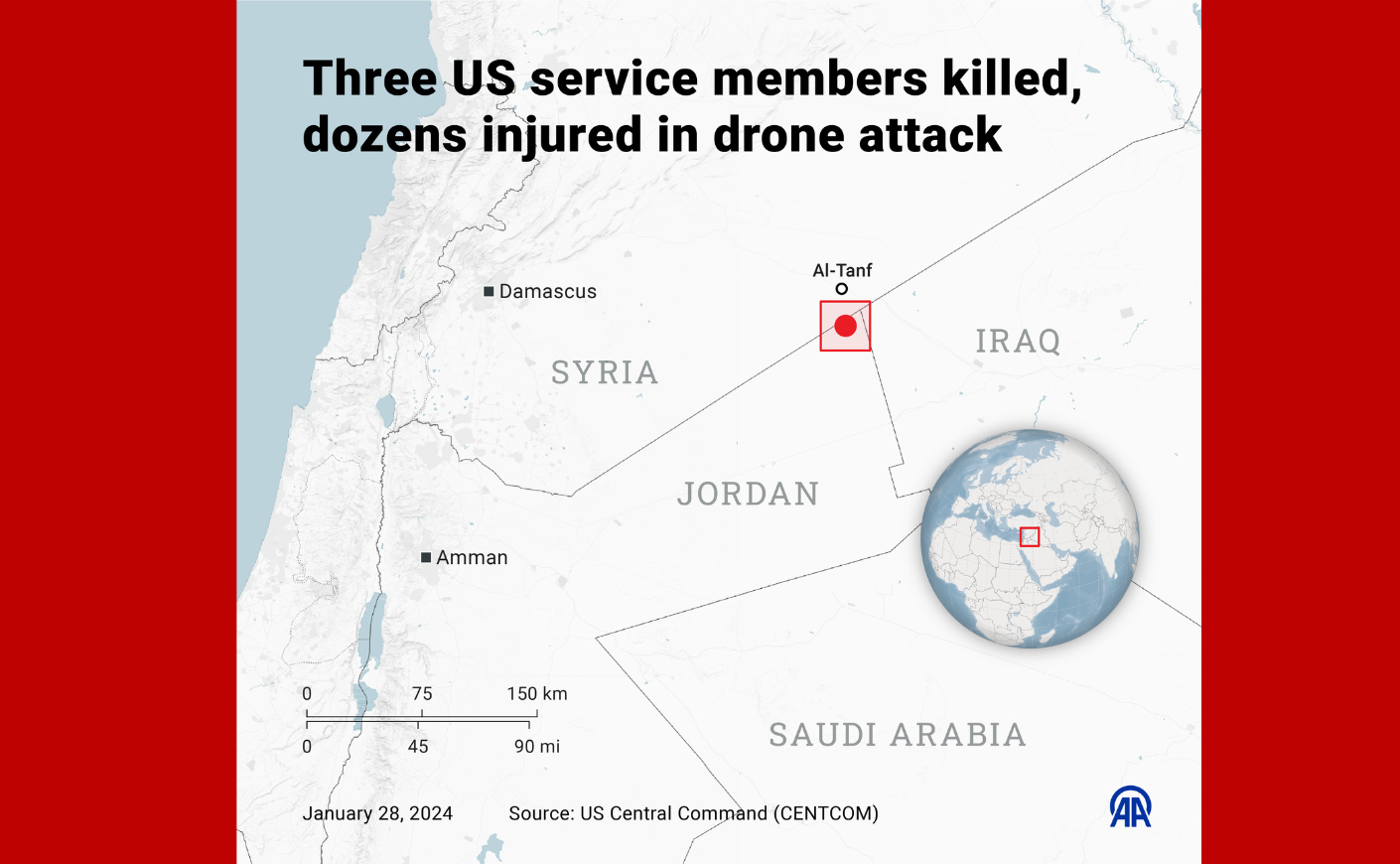 Map showing where three U.S. service members were killed in strike in Jordan