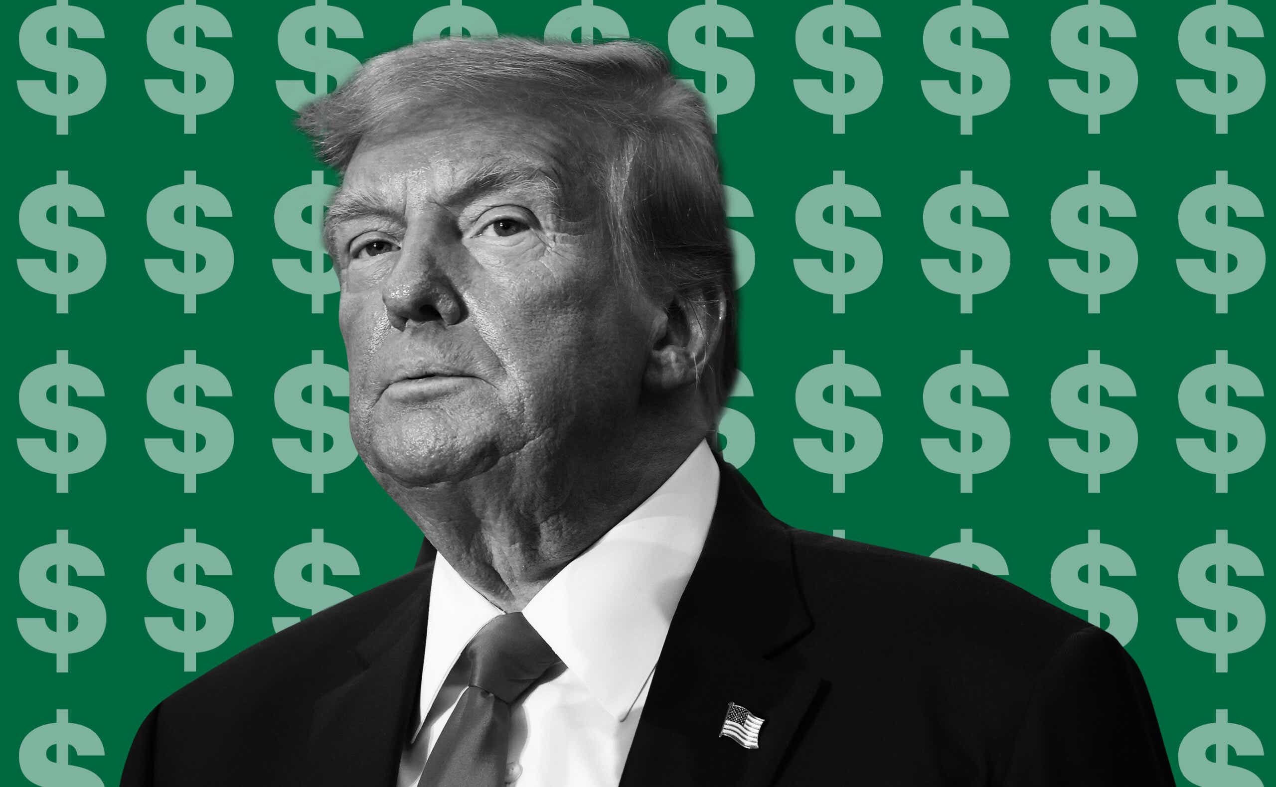 donald trump in front of a background of dollar signs