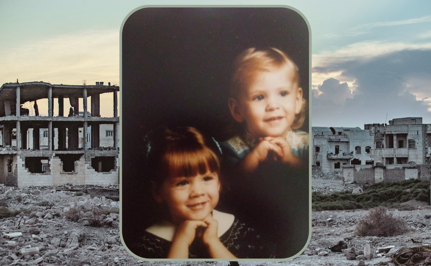 photo of the sally sisters as young children against the background of ruins in Syria