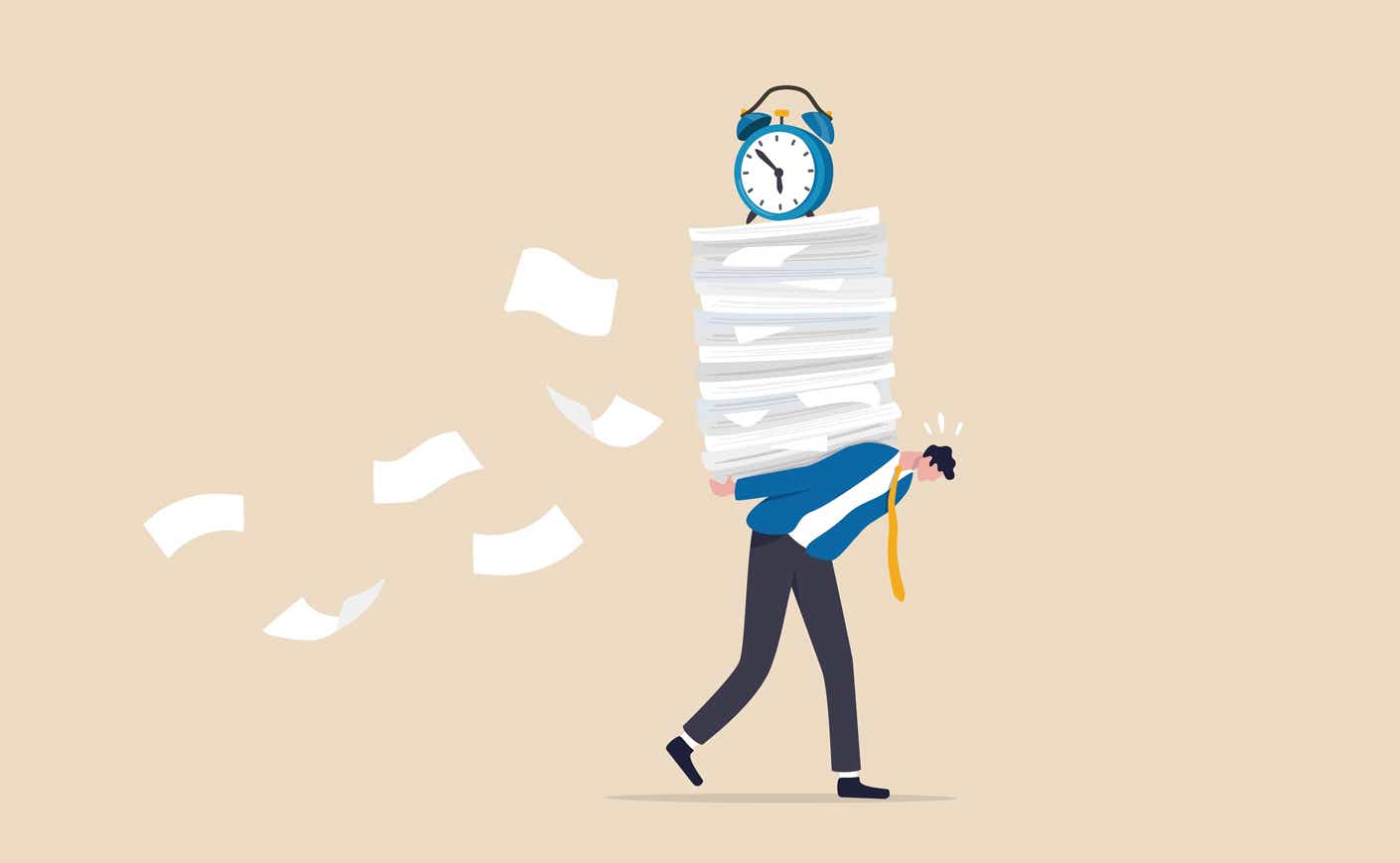 an illustration of a man carrying a mound of paperwork