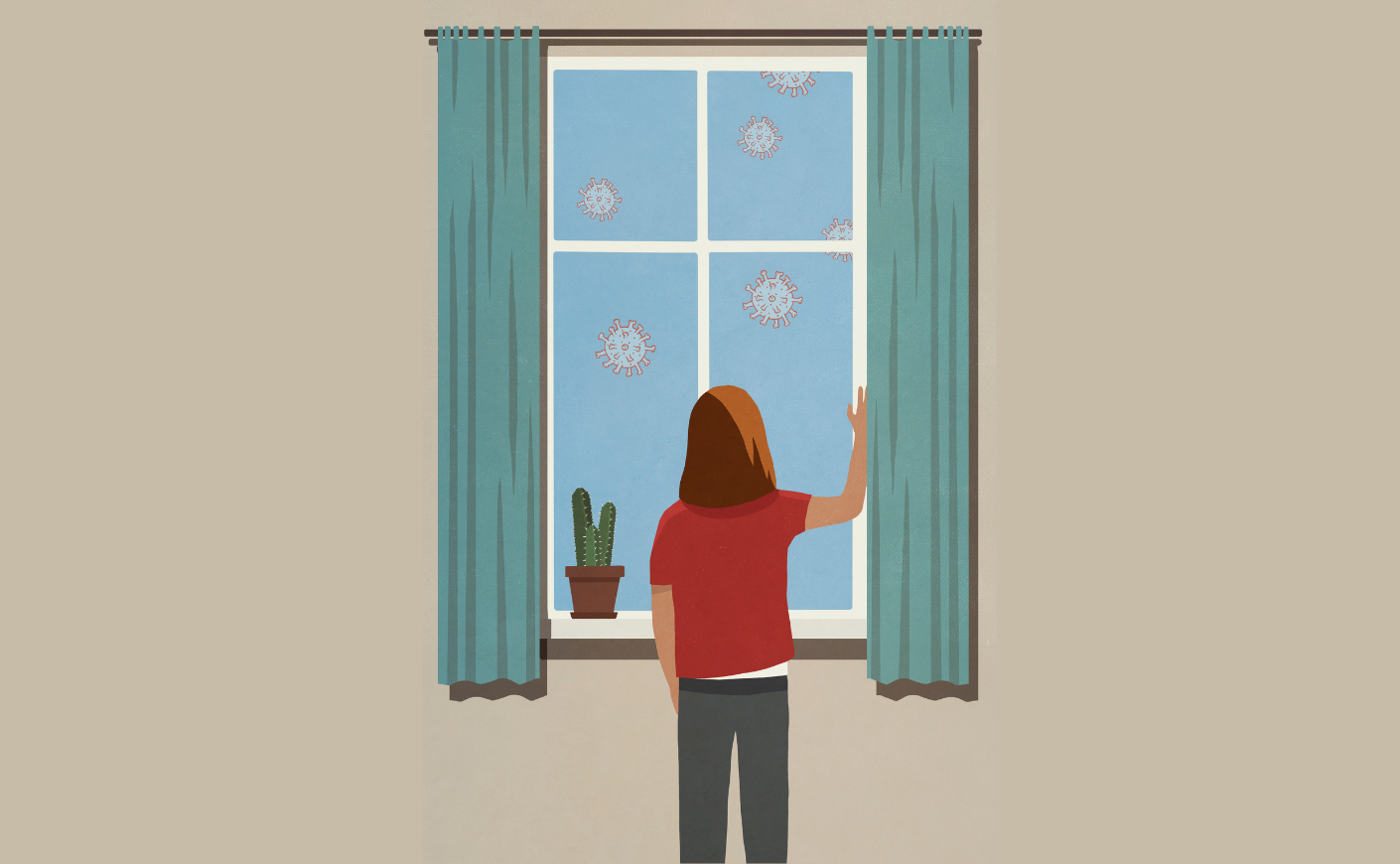 illustration of a woman looking out a window with germs outside