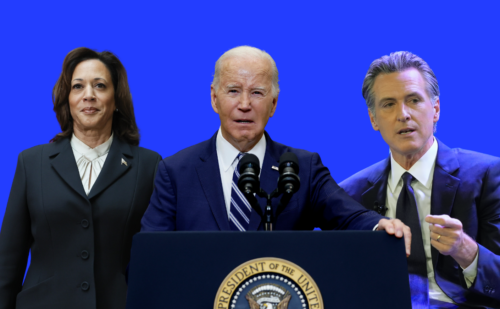 Kamala Harris, Joe Biden, and Gavin Newsom on blue background