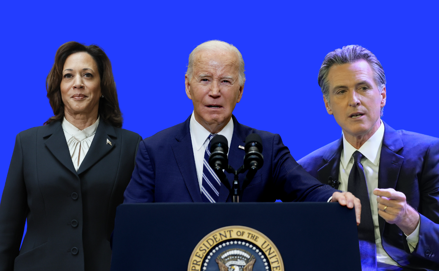 Kamala Harris, Joe Biden, and Gavin Newsom on blue background