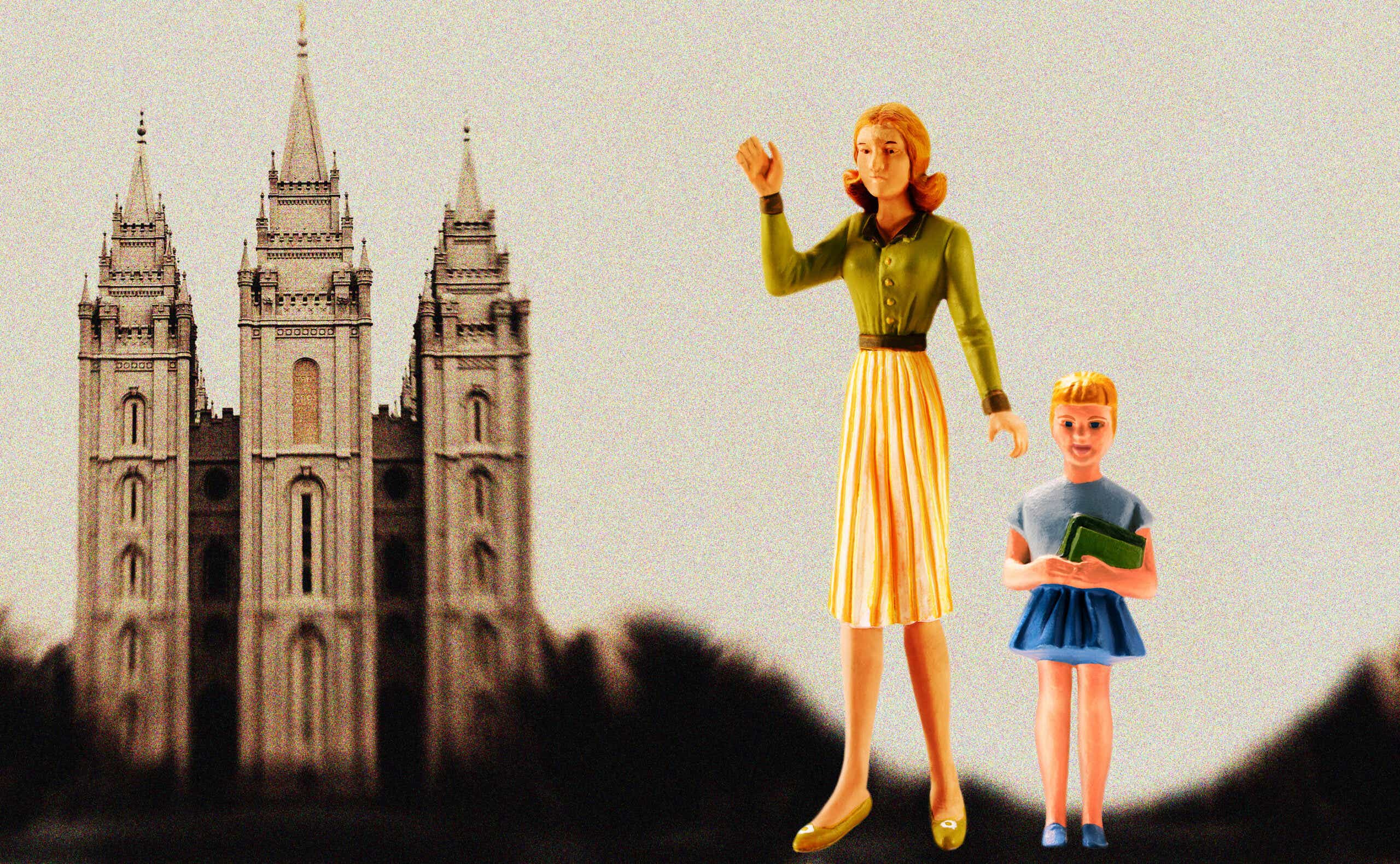 plastic dolls in front of the mormon church