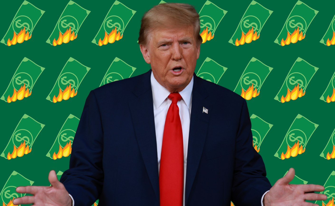 Donald Trump in front of illustrations of burning money