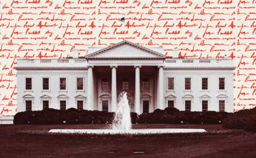 The White House with handwriting overlaid in the sky above
