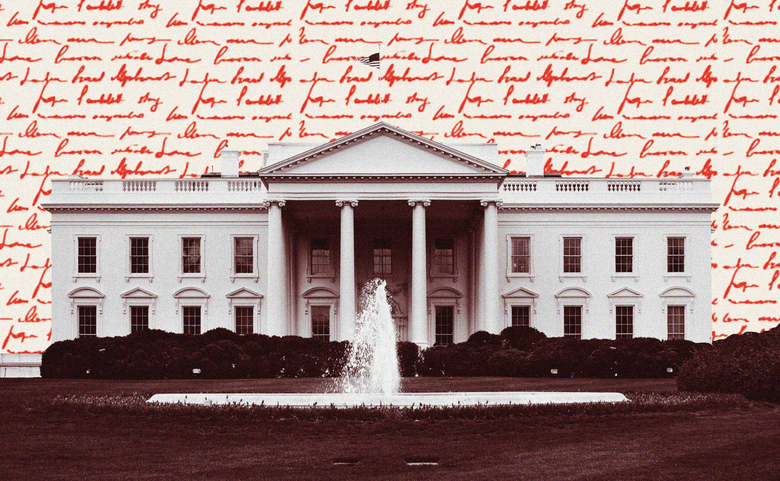 The White House with handwriting overlaid in the sky above