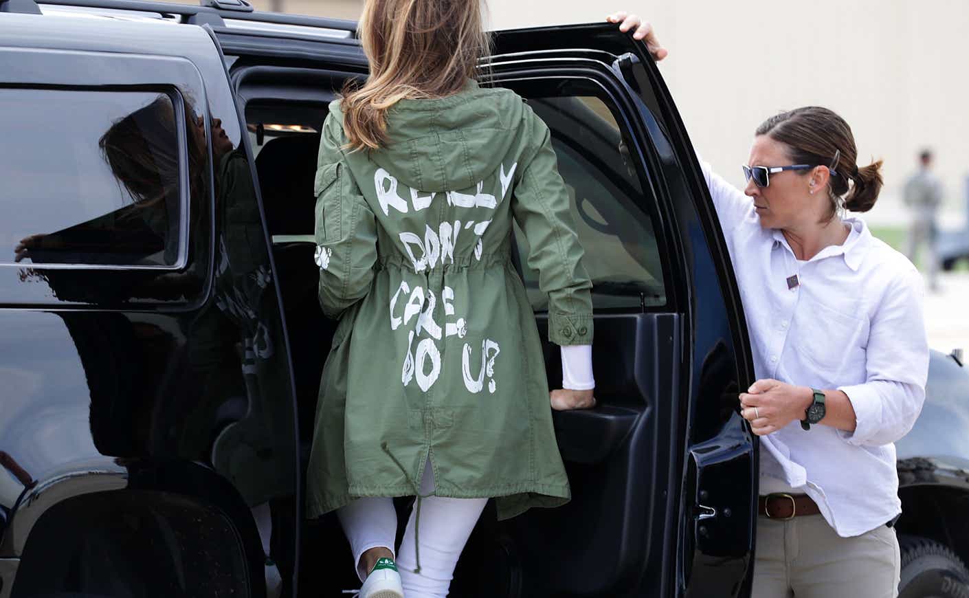 Melania Trump wearing her controversial "I really don't care. Do u?" jacket