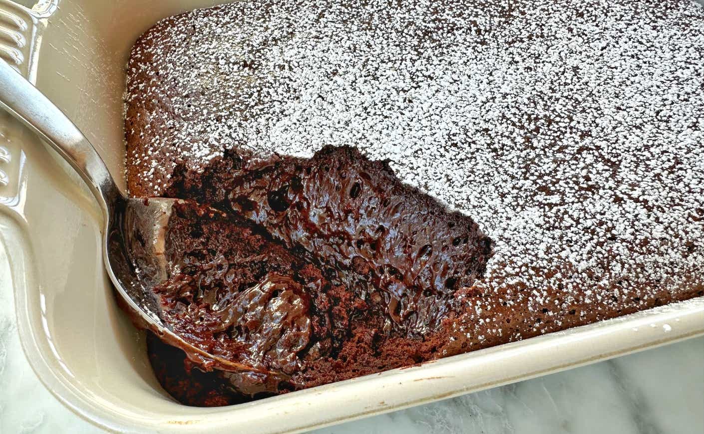 A dish of molten chocolate cake.