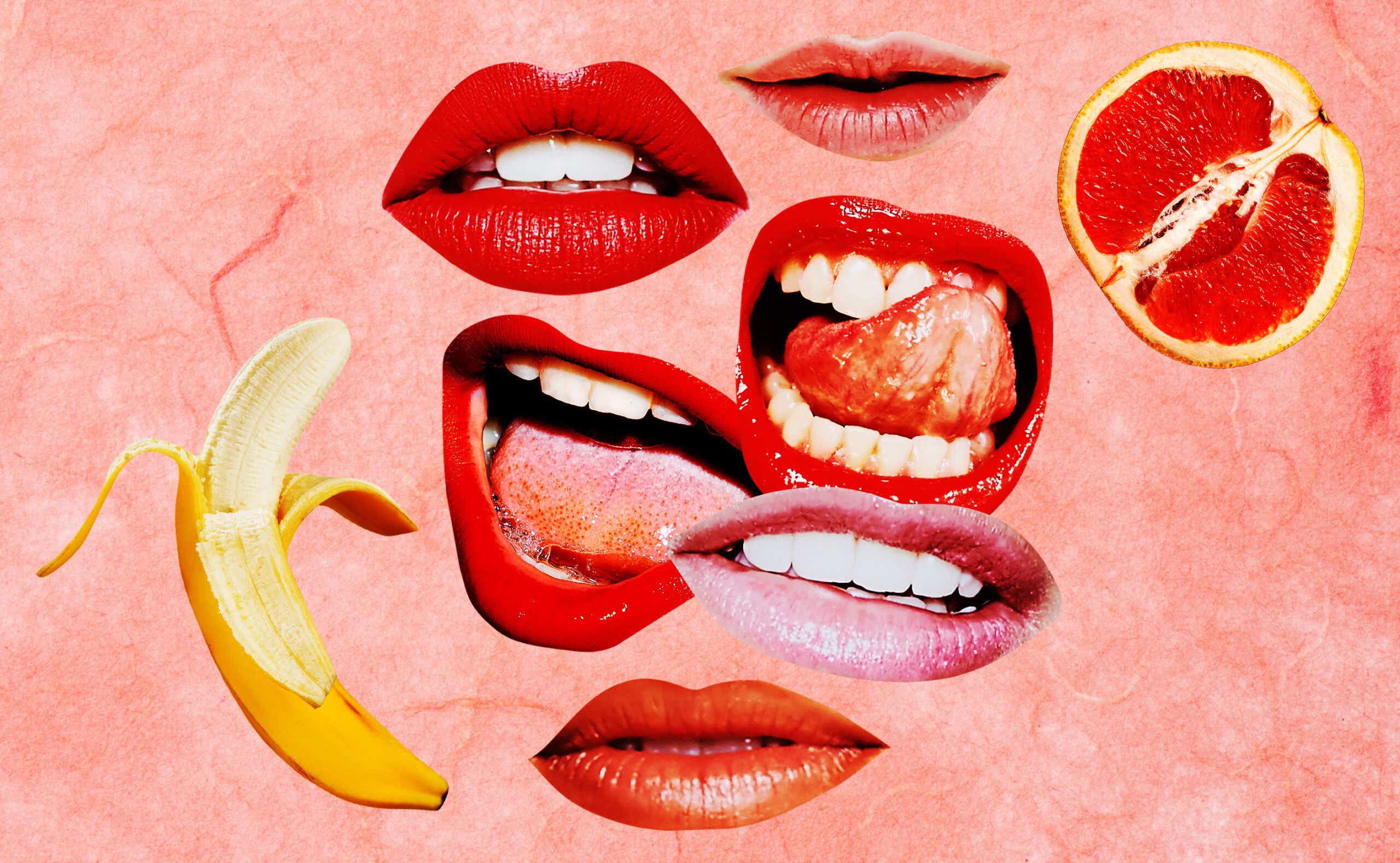 6 pairs of disembodied lips, a banana, and a grapefruit collaged together.
