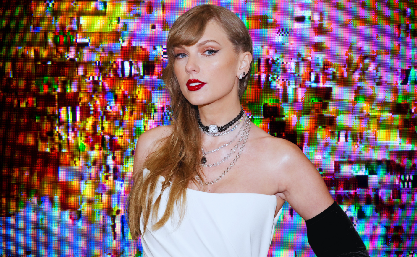 taylor swift in front of a pixelated screen