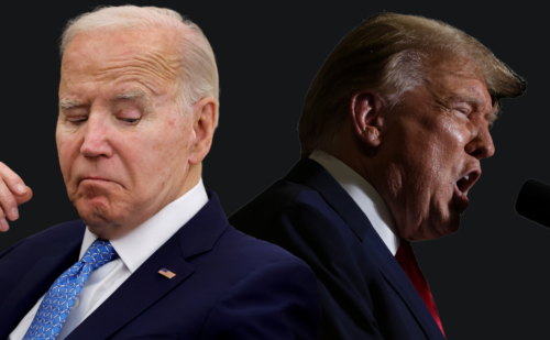 Composite of Biden looking down and Trump shouting against a black background