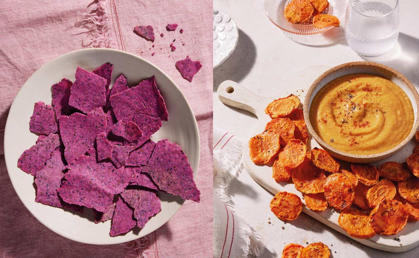 Beet crackers and a bowl of vegan cheese
