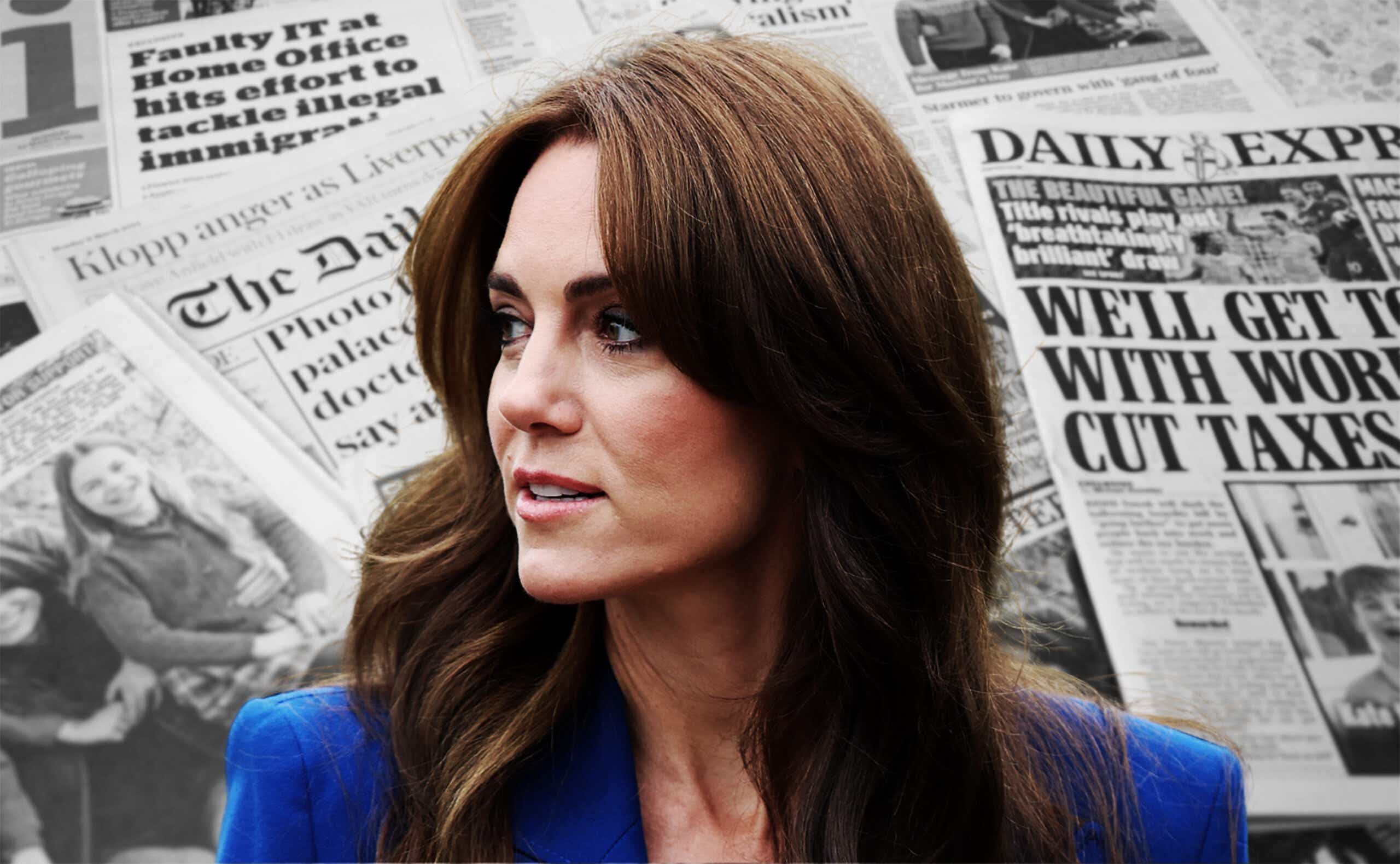 Kate Middleton looks sideways on the background of newspaper headlines about her recent Photoshop scandal