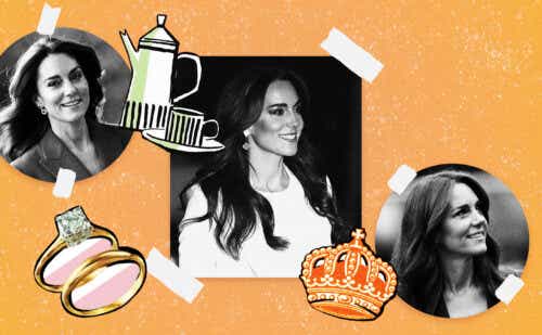 Kate Middleton photos in a collage set against an orange background