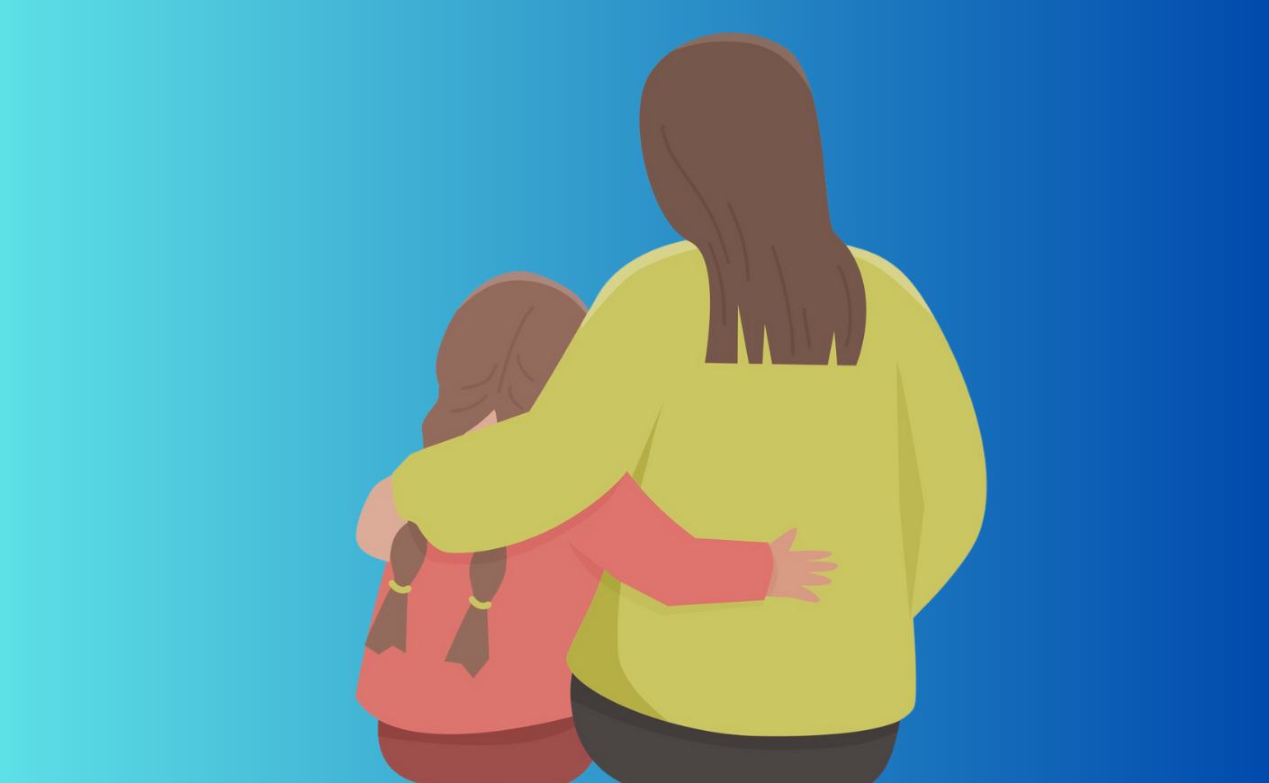 Mother is hugging a daughter. Back view. Vector isolated color illustration.