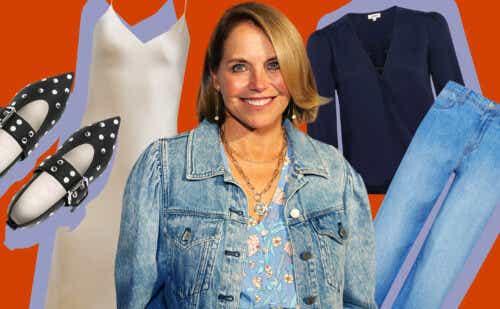 katie couric surrounded by items of clothing