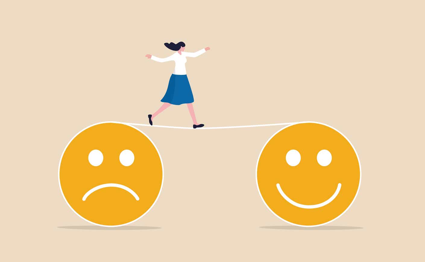 an illustration of a woman on a tight rope, walking from a sad face to a happy face