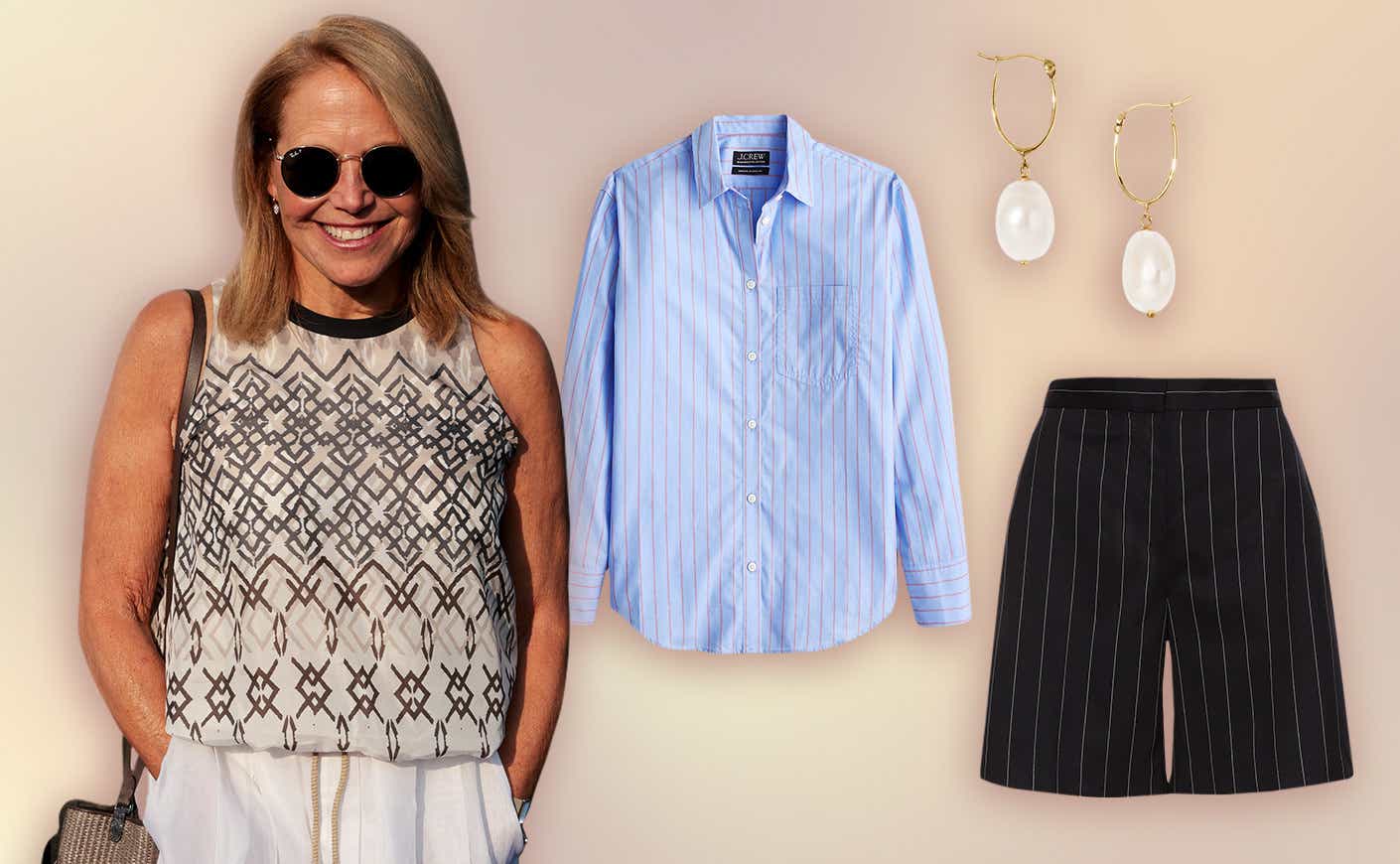 katie couric on beige background with shirt, earrings and skirt