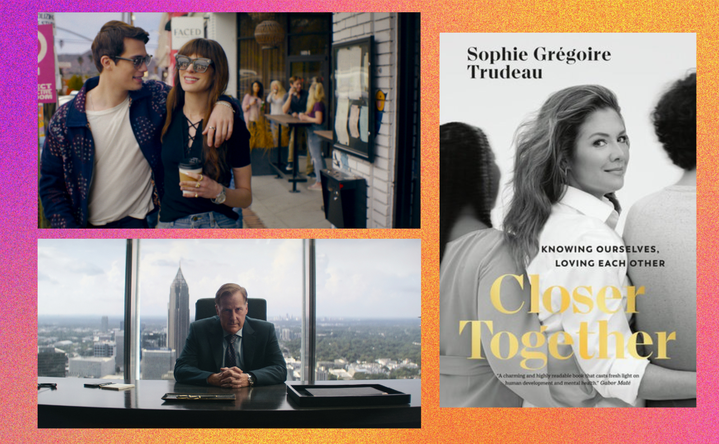 Anne Hathaway in The Idea of You, Jeff Daniels in A Man in Full, Sophie Trudeau's book cover