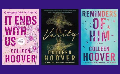 Colleen Hoover book covers on dark purple background: It Ends With Us, Verity, Reminders of Him