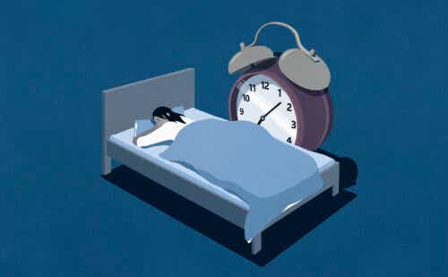 Illustration of woman in bed next to giant alarm clock
