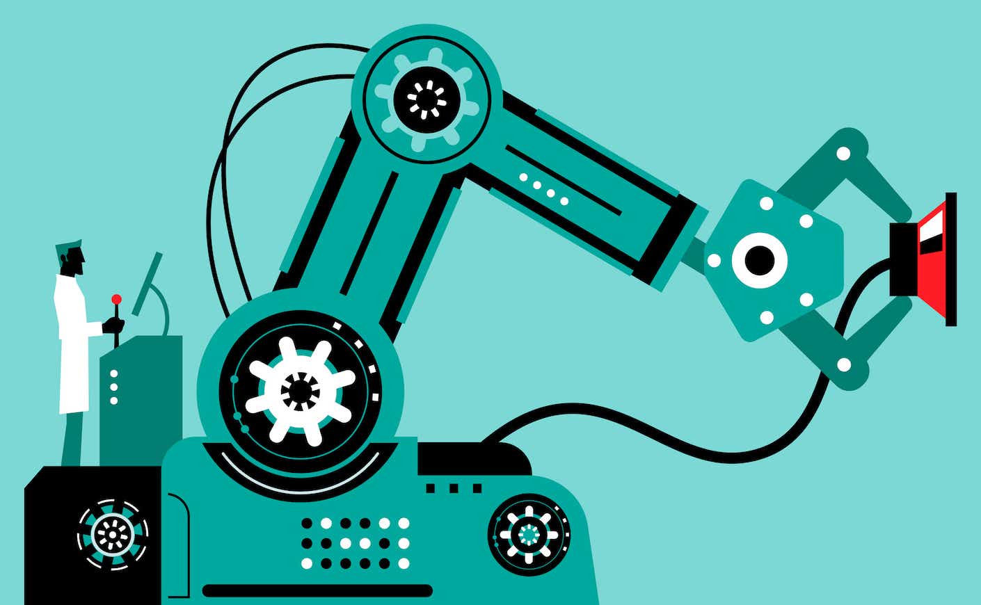 AI Robot Characters Vector art illustration. Doctor (Engineer) uses joystick to operate robotic arm to use a stethoscope to listen.