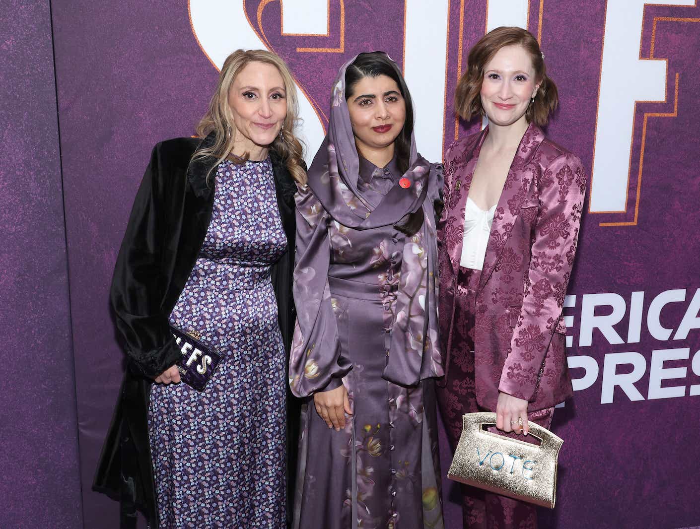 NEW YORK, NEW YORK - APRIL 18: (L-R) Jill Furman, Malala Yousafzai and Rebecca Sussman attend the "Suffs" Broadway Opening Night at Music Box Theatre on April 18, 2024 in New York City. (Photo by Cindy Ord/Getty Images)