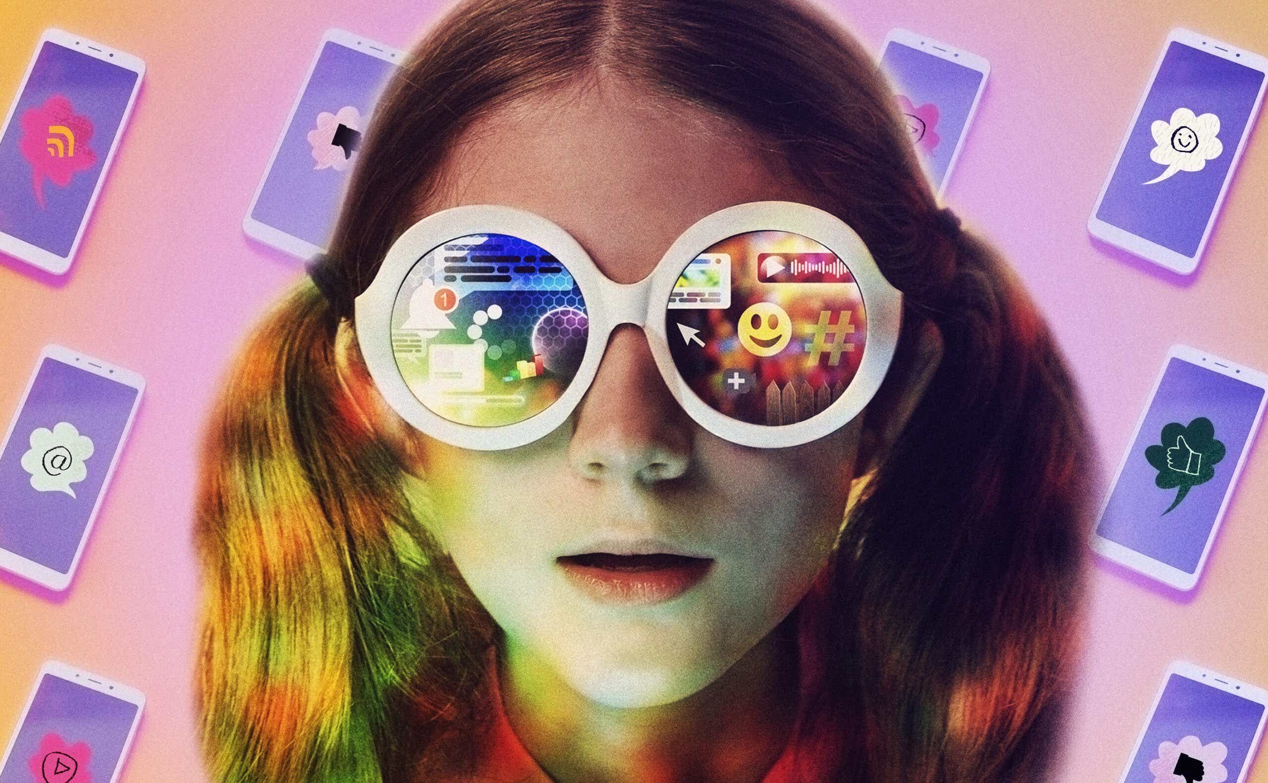 little girl with reflection of social media icons in her sunglasses against a backdrop of iphones