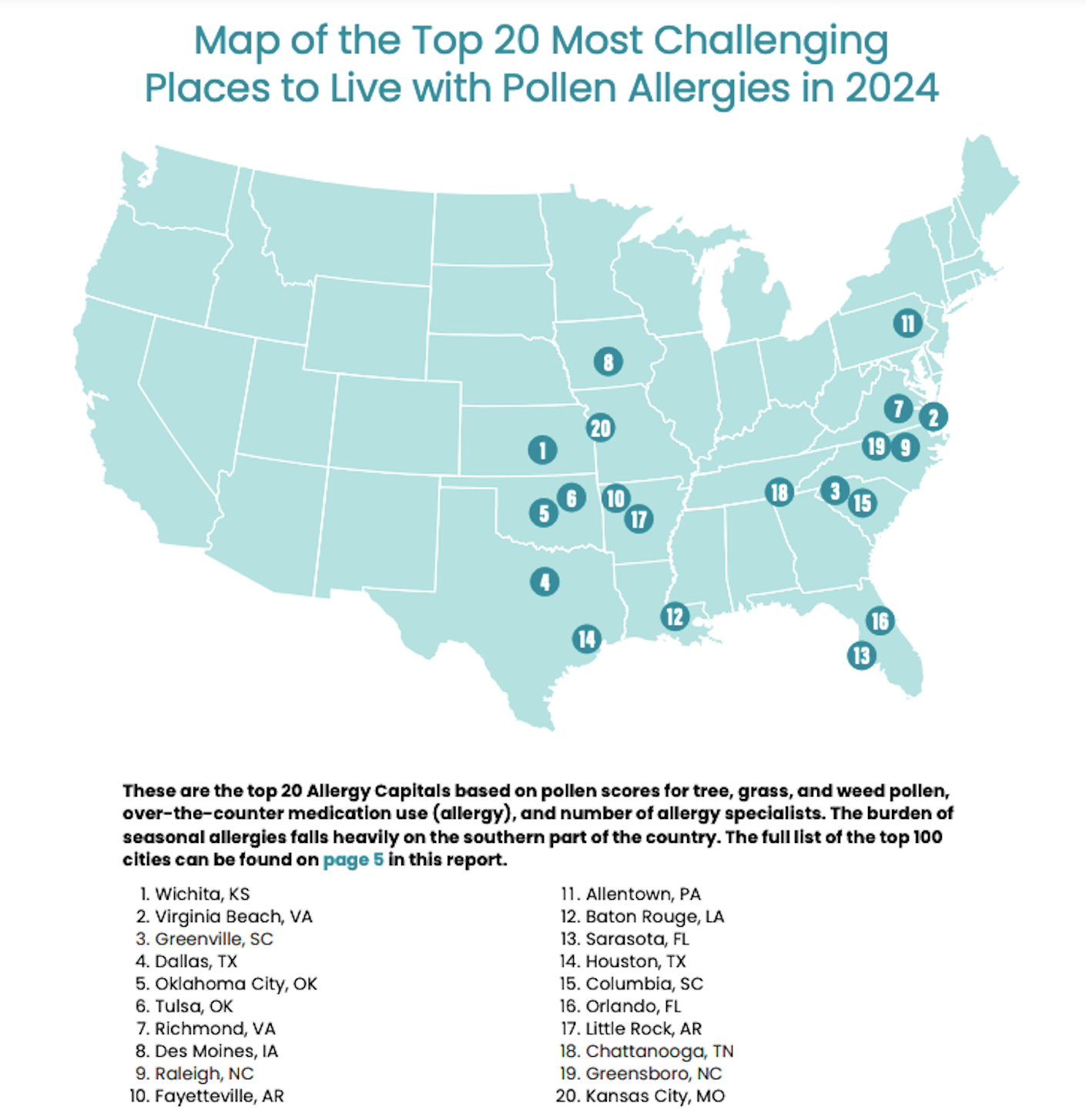 a map of the worst cities for pollen allergies.