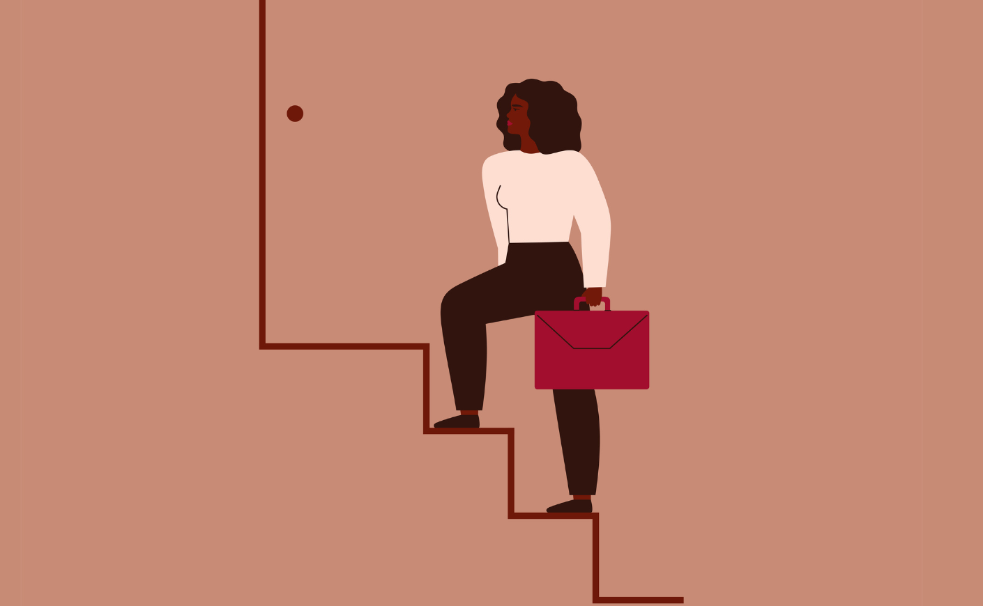 illustration of a black woman carrying a briefcase walking up stairs toward a door