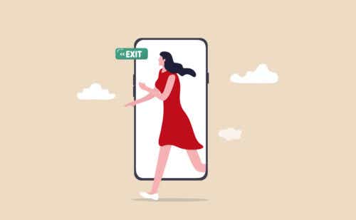 an illustration of a woman walking out of a phone