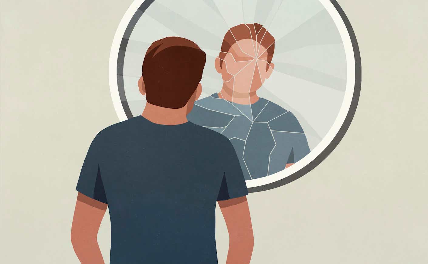 illustration of a man a looking at his reflection in a cracked mirror