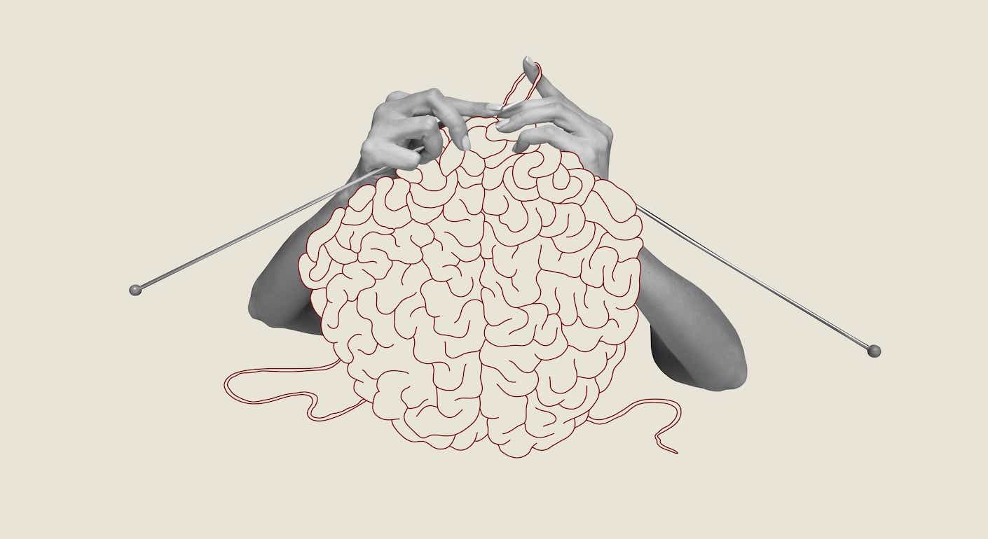 Contemporary,Art,Collage.,Human,Hands,Knitting,Brain.,Growing,Psychological,And