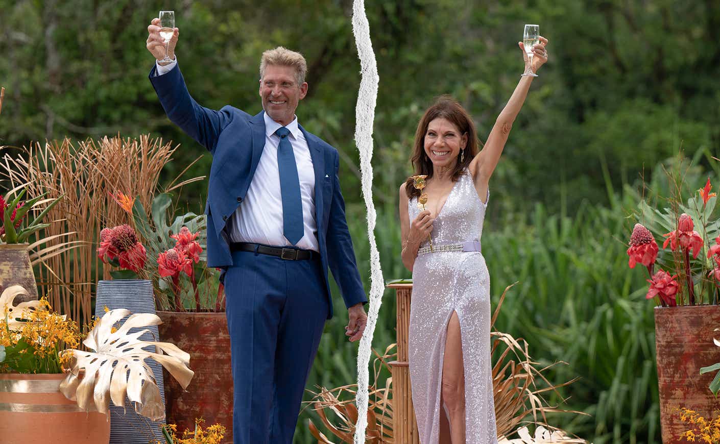 Gerry Turner and Theresa Nist holding up champagne glasses, with the paper between them torn