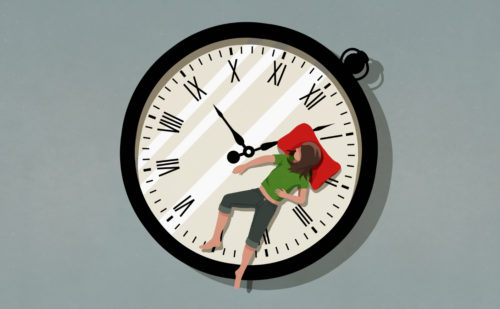 Illustration of woman sleeping on a giant pocket watch
