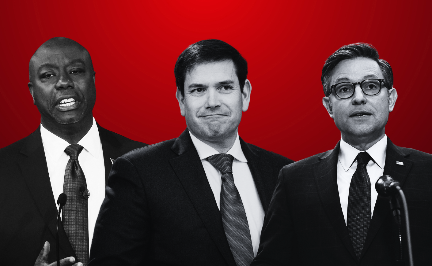 tim scott, marco rubio and mike johnson on a red background