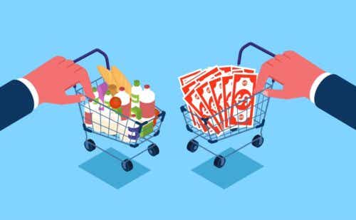 Illustration of a hand holding grocery carts filled with food and dollar bills