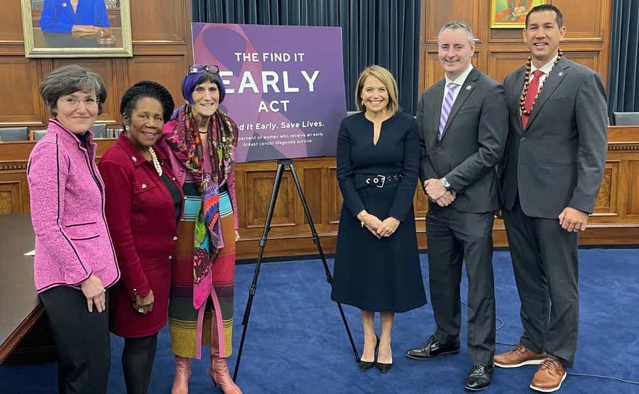 DenseBreast-info, Inc. Executive Director JoAnn Pushkin, Rep. Sheila Jackson Lee, Rep. Rosa DeLauro, Katie Couric, Rep. Brian Fitzpatrick, and Rep. Kaiali’i Kahele introduce the Find It Early Act in Washington, D.C. (KCM)

