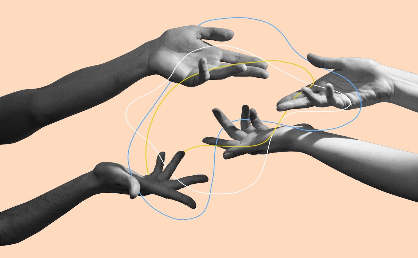 hands reaching out to each other holding circles