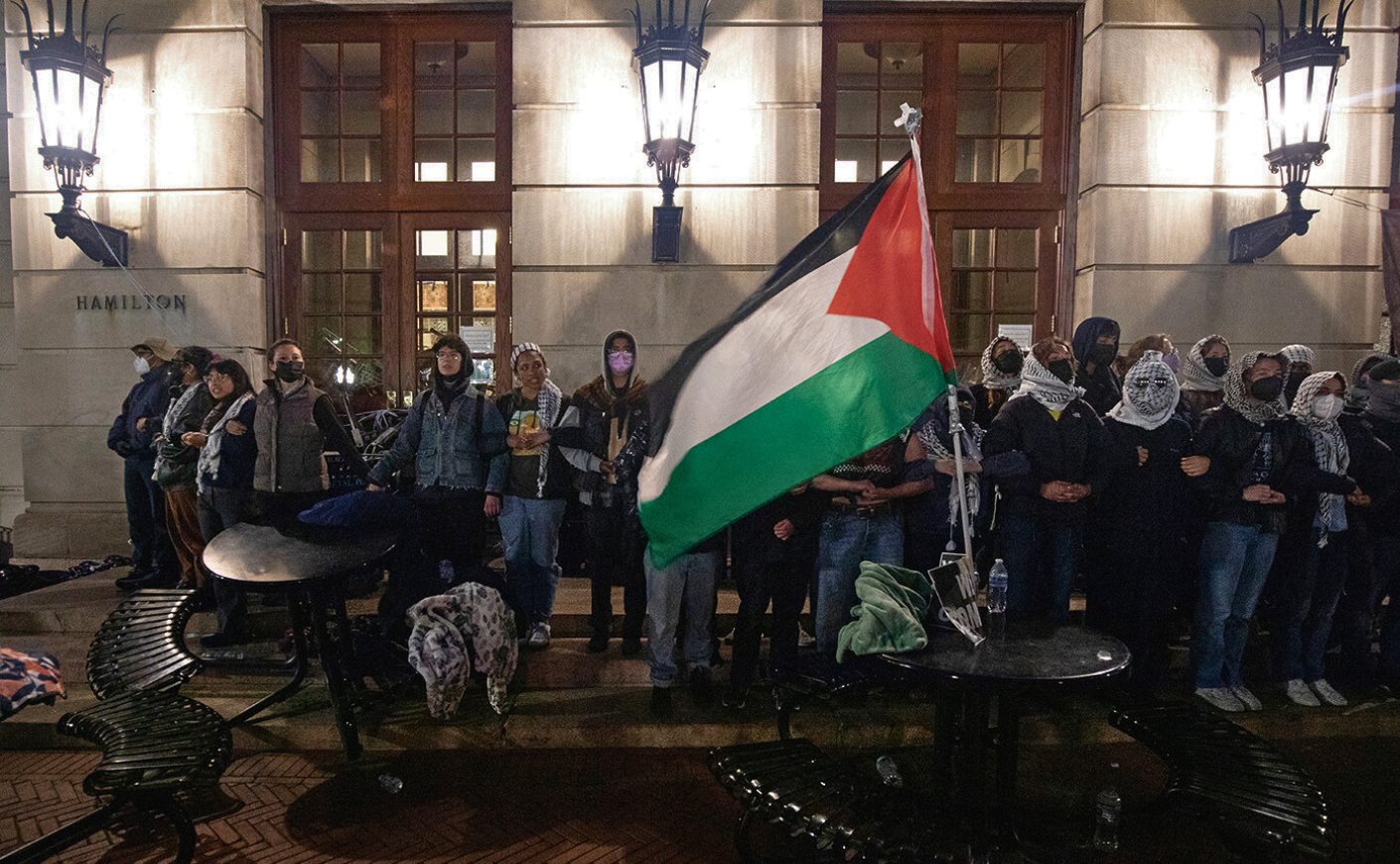 Student protestors outside the occupied Hamilton Hall at Columbia