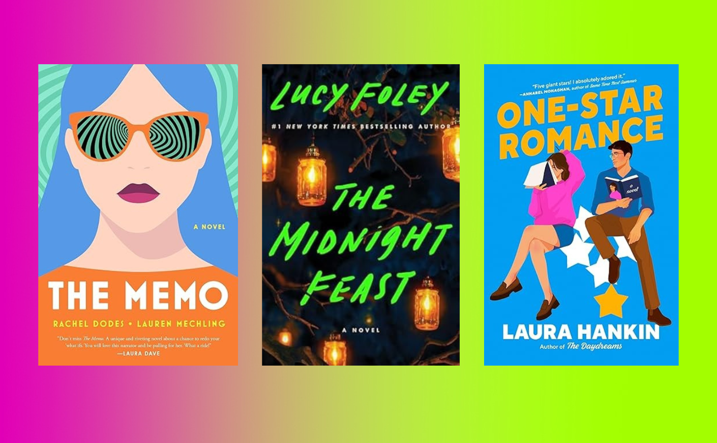 Book covers: the Memo, the Midnight Feast, One-Star Romance